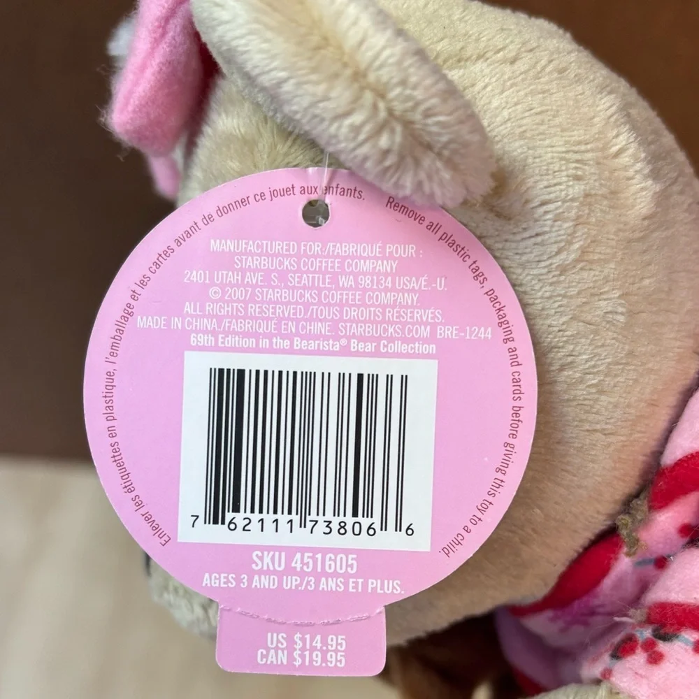 Starbucks Bearista 2007 Pink Pajamas Bear Plush with Tags—10” Plush - Picture 5 of 8